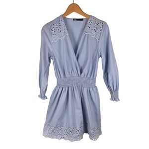 Zara Light Blue Eyelet Embroidered Mini Dress Womens Medium Smocking